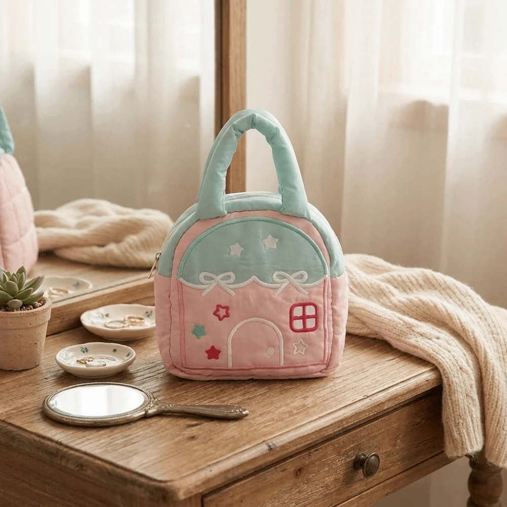 Embroidery Decor Camera Carrying Bag Large Capacity Hand-held Small House Shaped Handbag Cartoon Polyester Makeup Organizer Bag