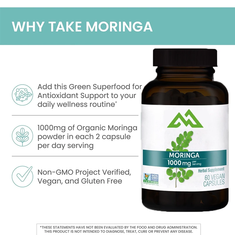 Moringa-Kapseln, 60 Kapseln, anti oxidative Unterstützung und gesundes grünes Super food, 1000mg, vegan, glutenfreie Ergänzung