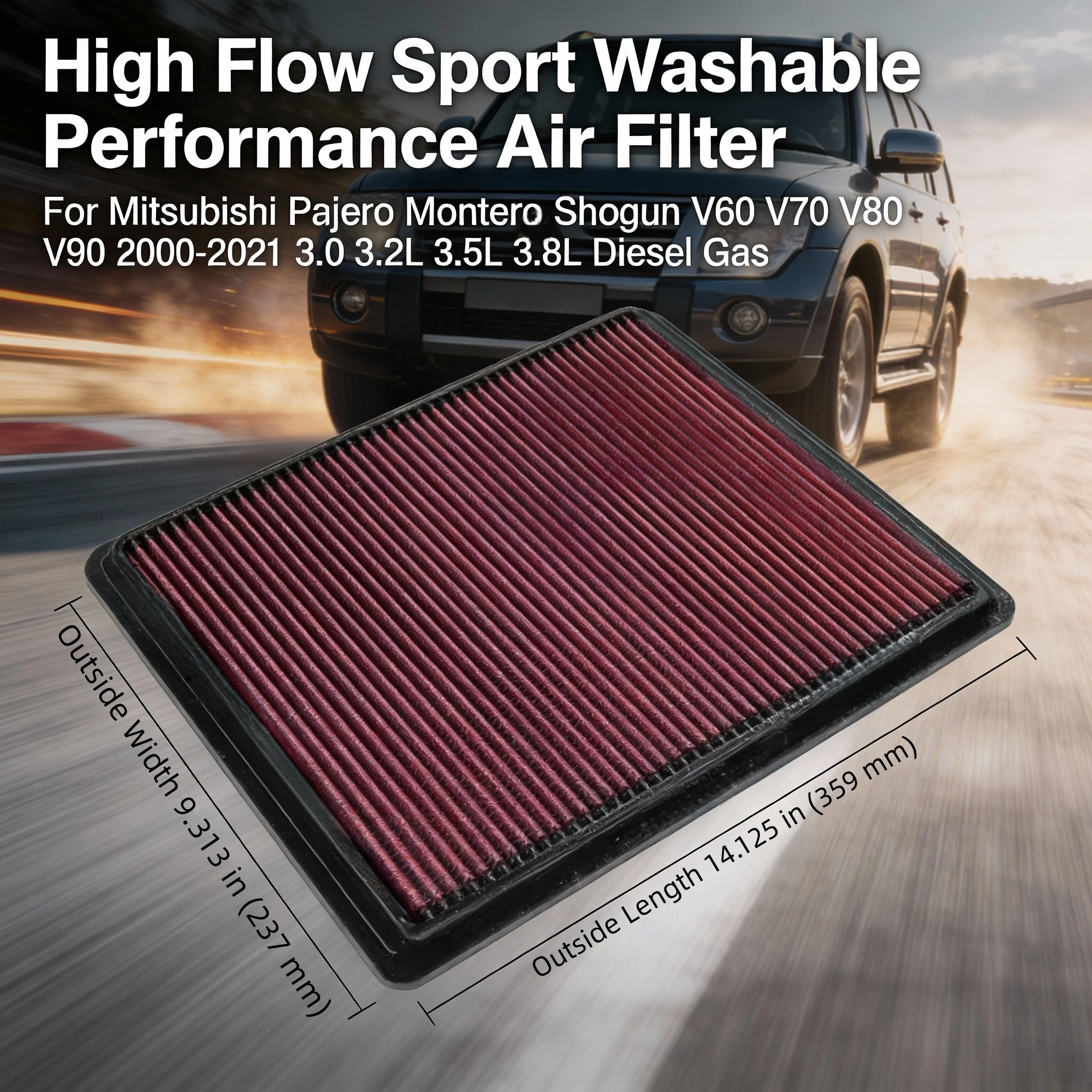 

For Mitsubishi Pajero Montero Shogun V60 V70 V80 V90 2000-2021 3.0 3.2L 3.5L 3.8L Diesel Gas High Flow Sport Washable Air Filter