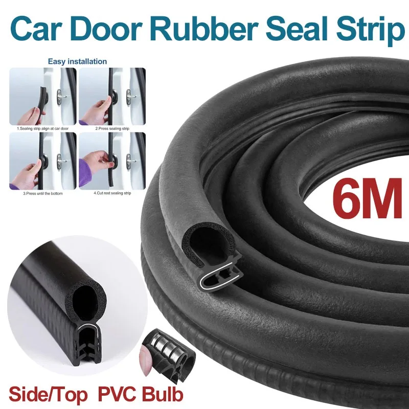 Universal 6M Soundproof Sealing Strips Car Door Rubber Seal Strip with Side/Top PVC Bulb for Car Door Boat Home Sealants Kit