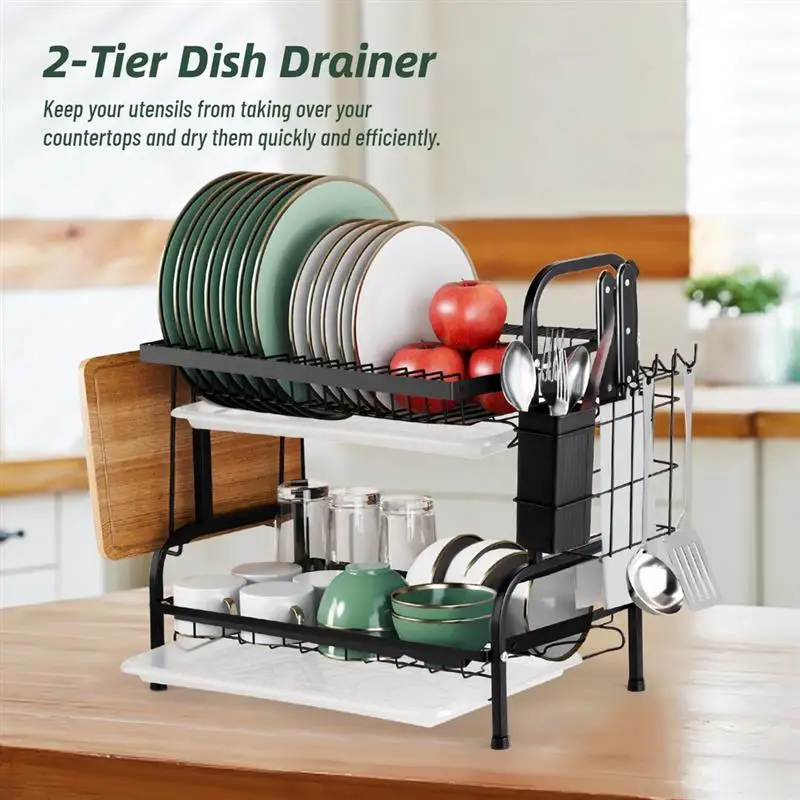 Dish Drying Rack 2-Tier Drainer Dish Drying Rack For Kitchen Dish Draining Rack With Drain Tray Stainless Steel Dish Drying Rack