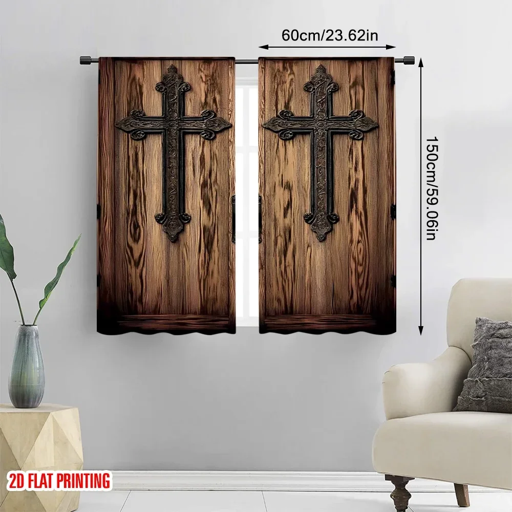 2pcs 2D flat printing Scene Curtains Retro barn door design Polyester Without Electricity 0 Use for Classroom Office