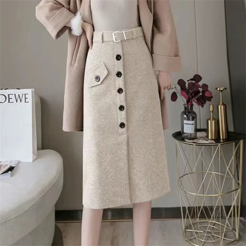 Warm Woolen Winter Skirts Women Korean Fashion Apricot Button Up Luxury Elegant Party Skirt Faldas Para Mujeres Rokjes with Belt