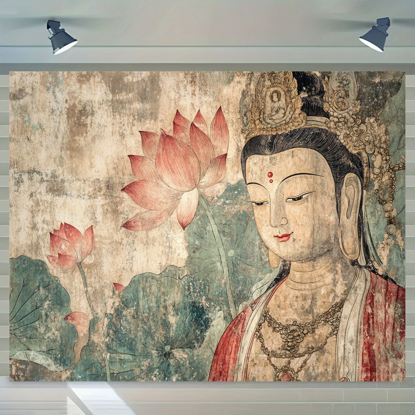 VIKAMA Dunhuang Style Guanyin & Lotus Tapestry Retro Zen Buddha Statue Wall Hanging for Tea Room, Living Room & Study Decor