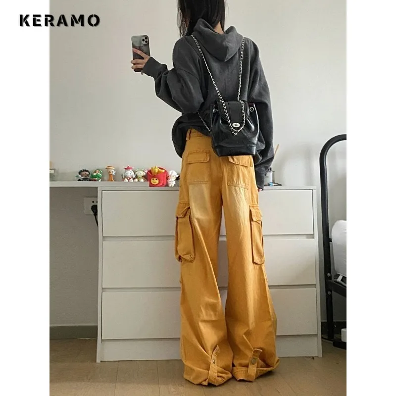 American 2000s Y2K High Waist Straight Jeans Women's Casual Yellow Pants Baggy Wide Leg Grunge High Street Style Denim Trouser