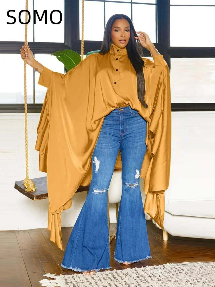 

SOMO Plus Size Women Clothes Pleated Long Cape Shirt Bat Full Sleeve Irregularity Blouse Top One Size Loose Dropshipping 2023