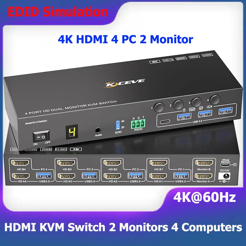 4K@60Hz HDMI KVM Switch 2 Monitors 4 Computers,4 Port  EDID Simulation Dual Monitor KVM Switch with 4 USB 3.0 Ports