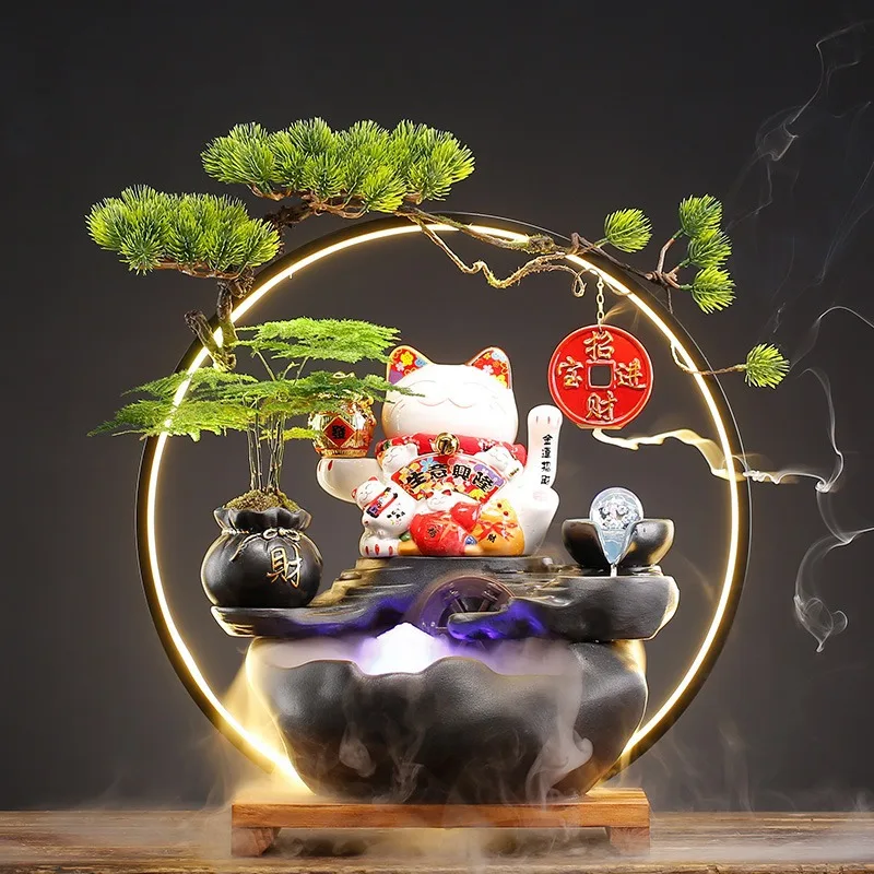 Opening and Moving Gifts Lucky Cat for Attracting Wealth, Flowing Water for Generating Wealth, Living Room Home Decoration Craft