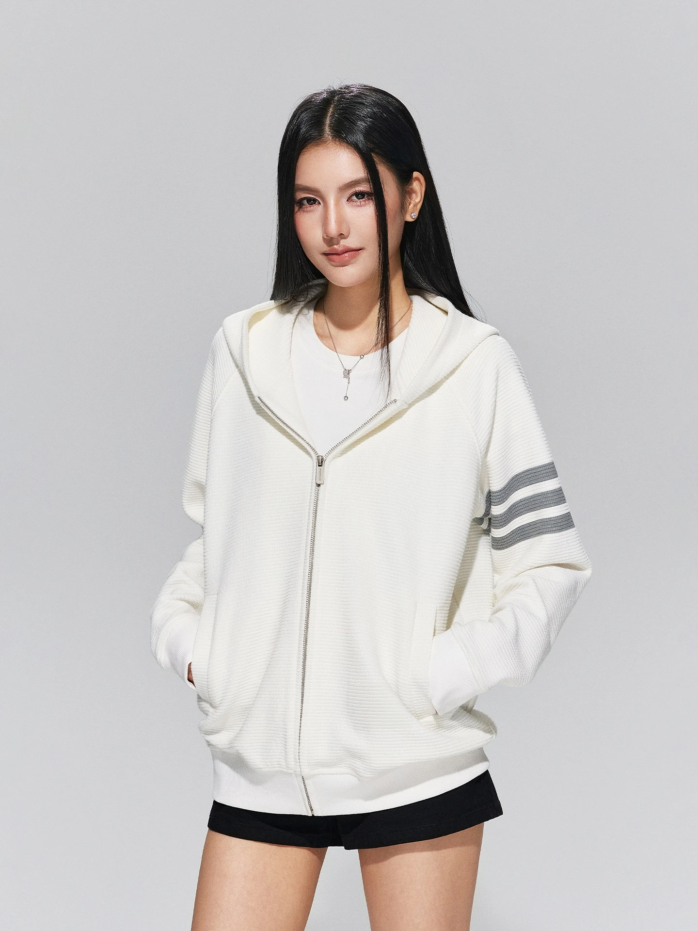 American Retro Texture Hoodie Knitted Jacket Women's Spring Autumn Simple Three Bars Open Cardigan Sweatshirt Casual Style