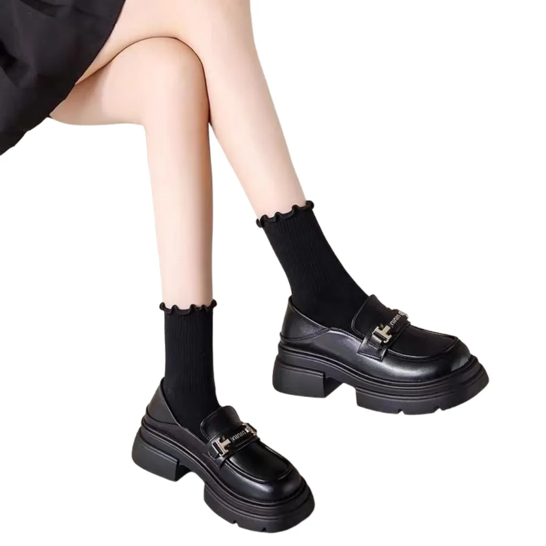 2025 Autumn New Women's Thick Soled Block Heel Student Leather Shoes Versatile French Loafer Slip On Casual Shoes