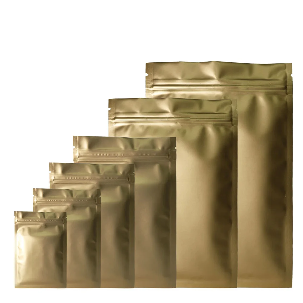 100pcs Multi Size Matte Gold Ziplock Aluminum Foil Mylar Pouch Smell Proof Reclosable Tea Coffee Bags Packaging With Zipper