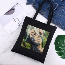 Commuter Bag Shoulder Bag Harajuku Woman Bag Casual Tote Bag Shopping Handbag Dr Stone Pattern Printed Canvas Bag Black