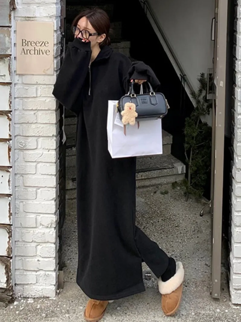 루즈핏 기모 스웨트셔츠 여성용 가을 겨울 루즈핏 롱 슬리브 캐주얼 출퇴근룩