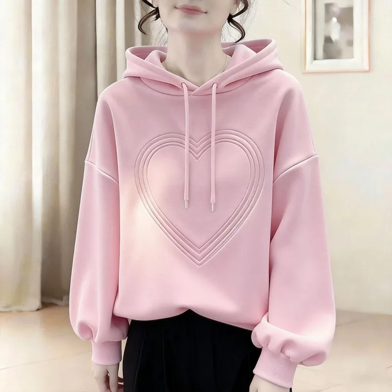 Women Spring Solid Hoodie Emed Heart Pattern Loose Drawstring Long Sleeve Casual Oversized Sweatshirt