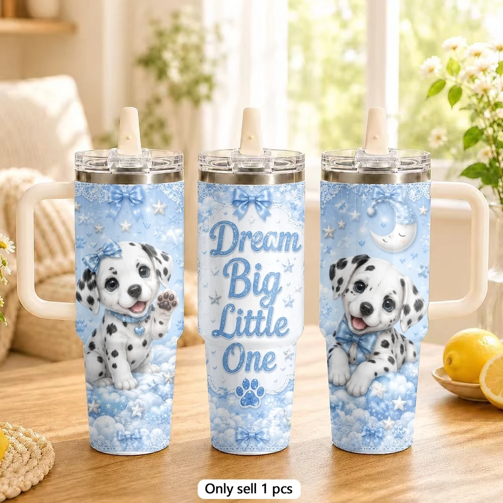 Cute spotted dog Vacuum Flasks 40oz Vacuum Insulated Travel Mug with Straw & Handle | Stainless Steel Leakproof Tumbler