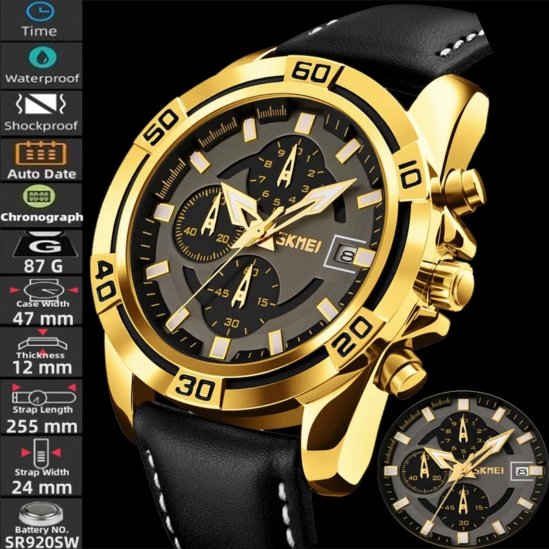 

Skmei Деловые спортивные часы для мужчин с аналоговым дисплеем 30 м Водонепроницаемый хронограф Модный кожаный ремешок Кварцевый календарь Наручные часы