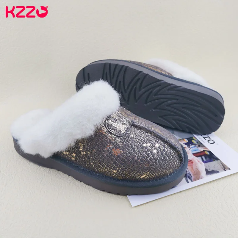 KZZO New Arrive Genuine Leather Slippers Fashion Female Winter Slippers Women Warm Indoor Slippers Soft Wool Lady Home Shoes