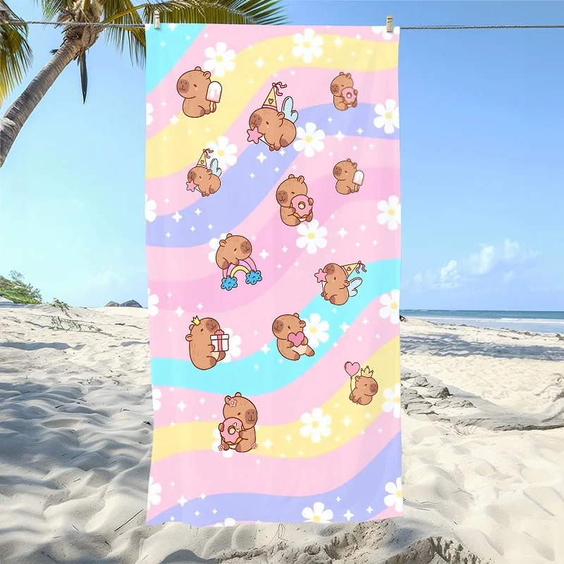 Newest Beach Towel Rainbow Wave Cute Capybara Daisy Cartoon All Over Print Beach Towel Pool Bath Towel