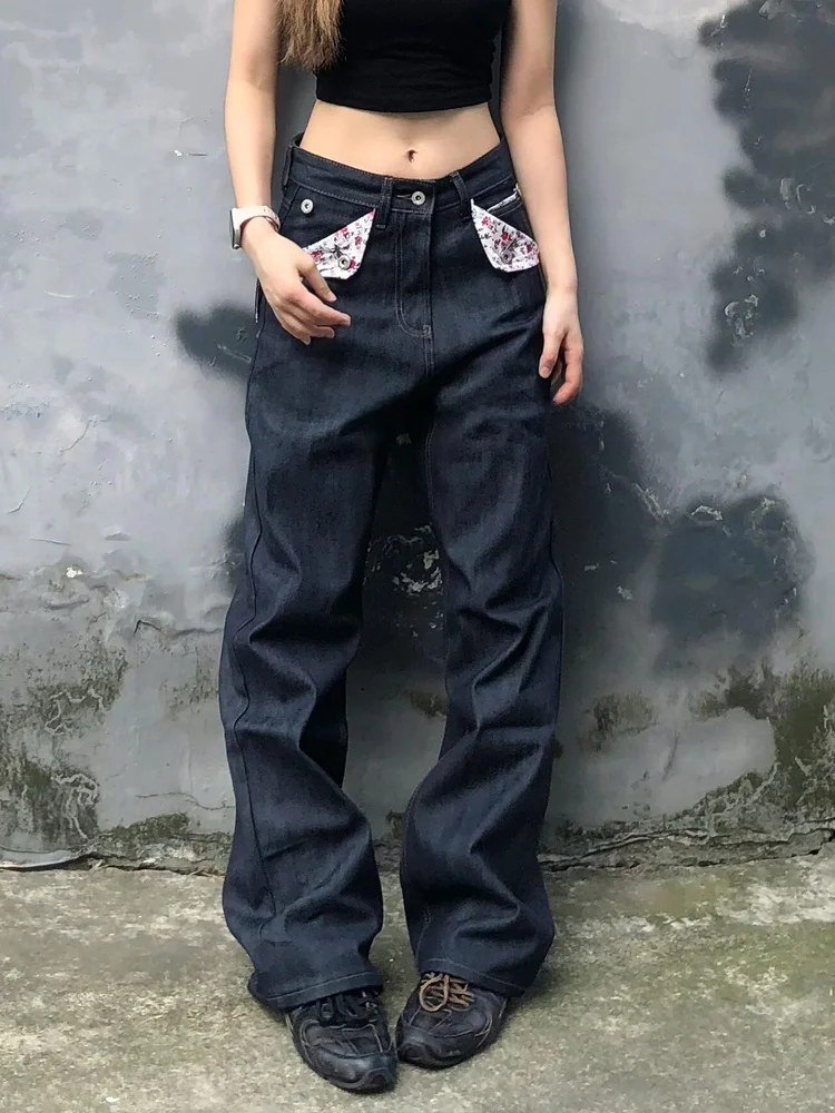

Джинсы в американском стиле с уникальным дизайном и цветочным пэчворком, женские винтажные свободные прямые брюки в пол