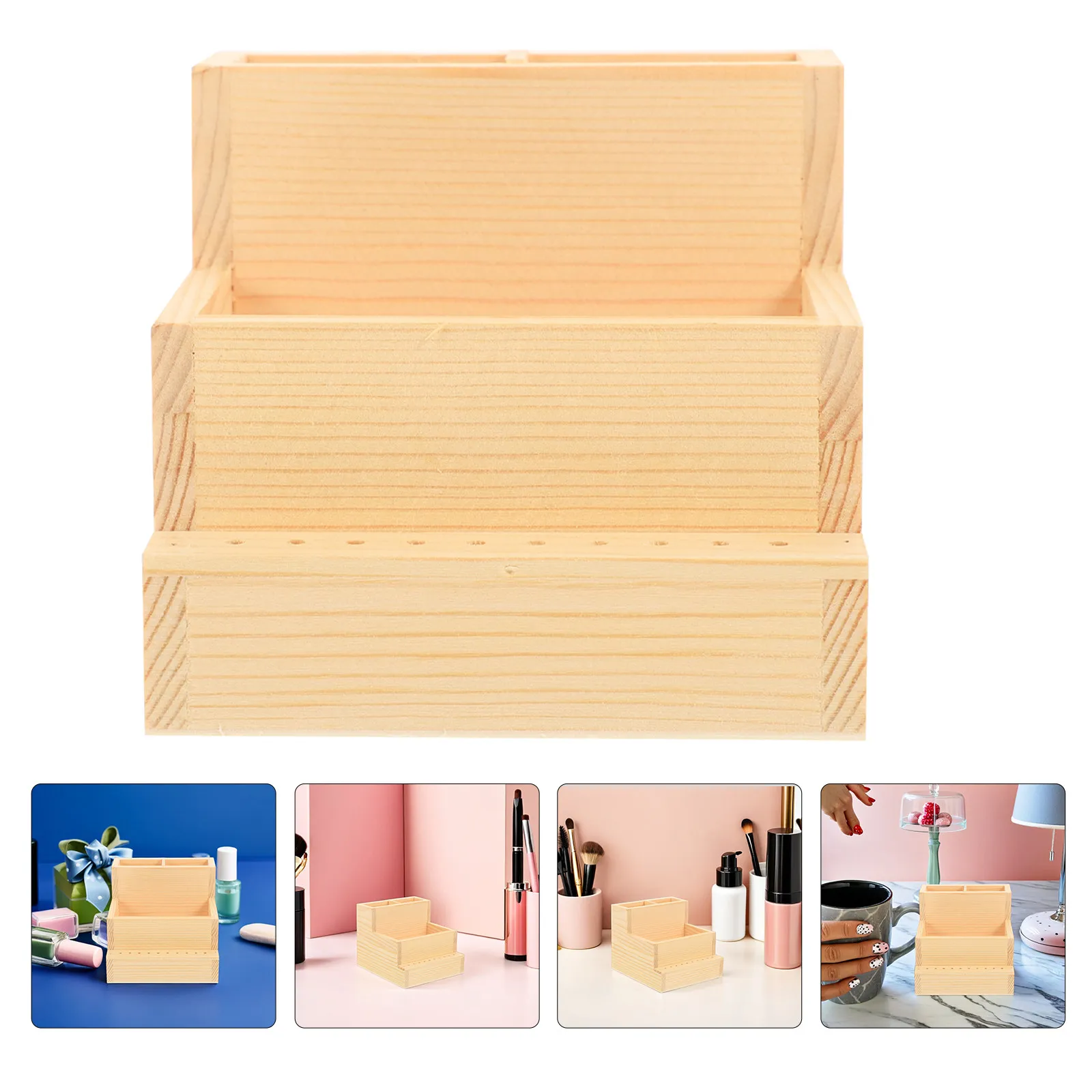 

Набор из 2-х деревянных двухъярусных органайзеров для хранения маникюрных инструментов: насадок для фрезеров, полировочных головок и аксессуаров для ногтей