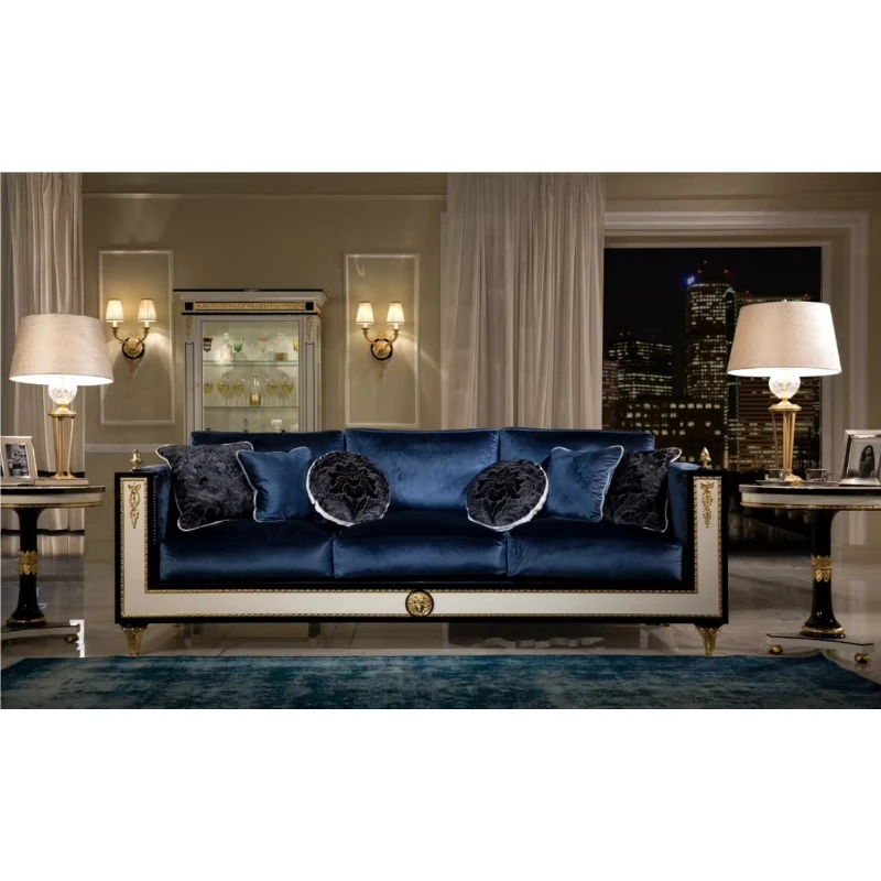 Italian classic European design combined solid wood frame hand-carved velvet sofa set, suitable for living rooms, hotels
