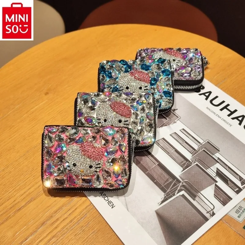 MINISO Women's Card Clip Card Bag Multi functional Zipper Cartoon Hello Kitty Inlaid Austrian Diamond Zero Wallet