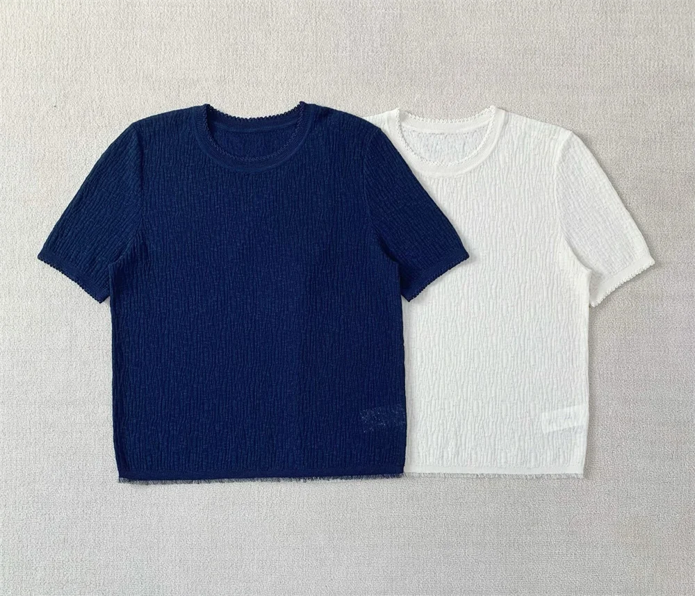 Simple Versatile Hand-Crossed Lace Blend Round Neck Lightweight Knit Short-Sleeved Top