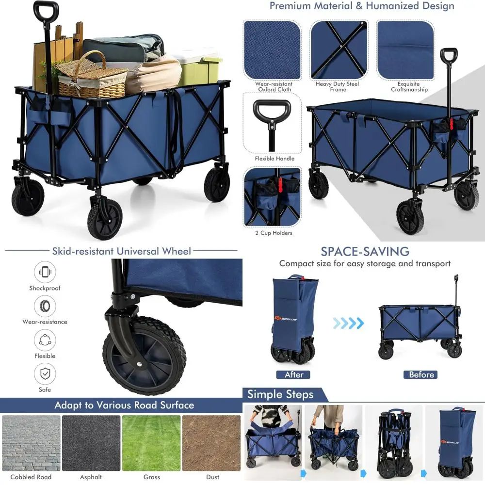 

Collapsible Utility Wagon with Universal Wheels, Adjustable Handle, and Cover Bag for Garden and Grocery Hauling