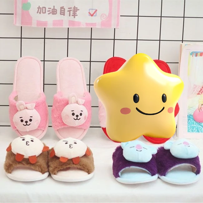 

Spring and summer cute girl heart BT21 bulletproof youth team cartoon fish mouth open toe cotton slippers indoor home shoes