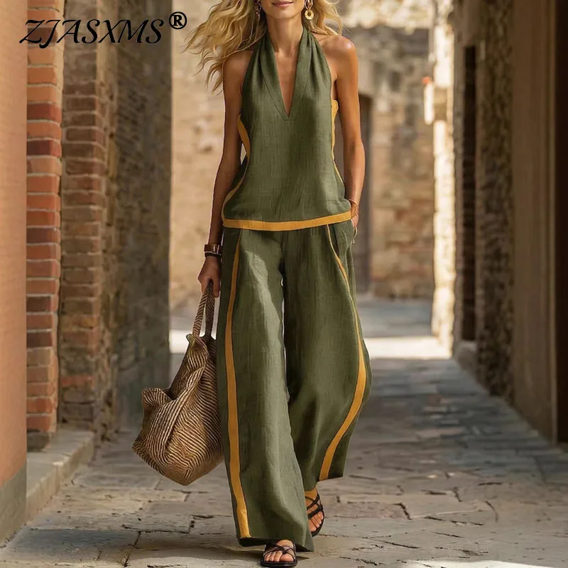 

Сексуальный комплект: топ-халтер с V-образным вырезом и широкие брюки, женский, весенний, винтажный, с контрастной отделкой, уличный стиль, летний, без рукавов, пляжный наряд