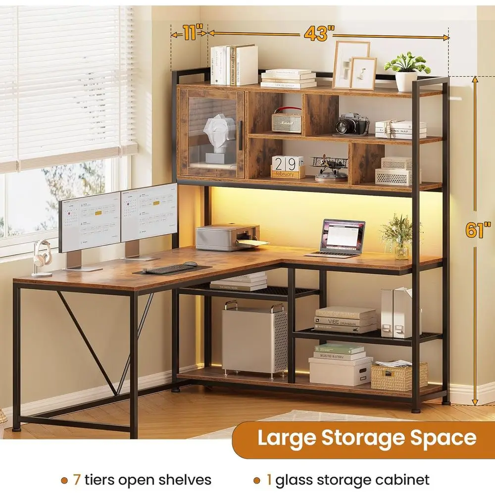 L Shaped Computer Desk with Storage Shelves, Bookshel, Rustic Brown | 58'' Reversible Oice Desk with LED Light, Glass Door Cubby