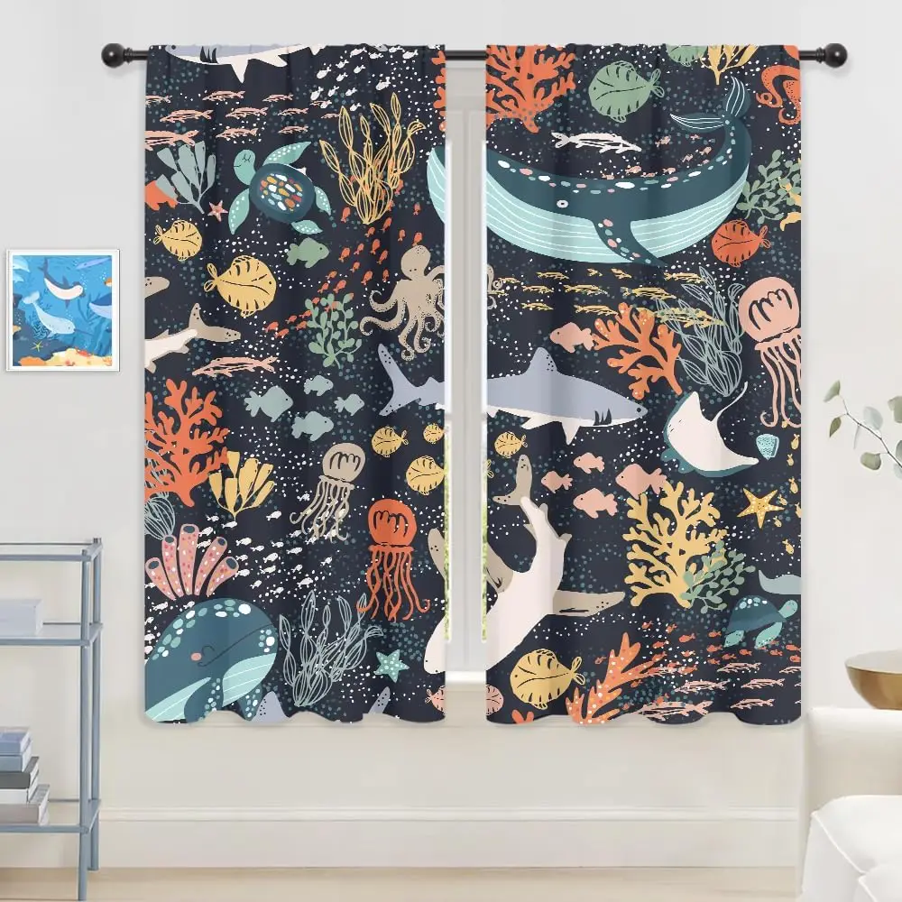 Kids Fish Curtains Funny Shark Cartoon Sea Creature Ocean Whale Underwater Blue Turtle Seaweed Child Animal Rod Pocket Nature