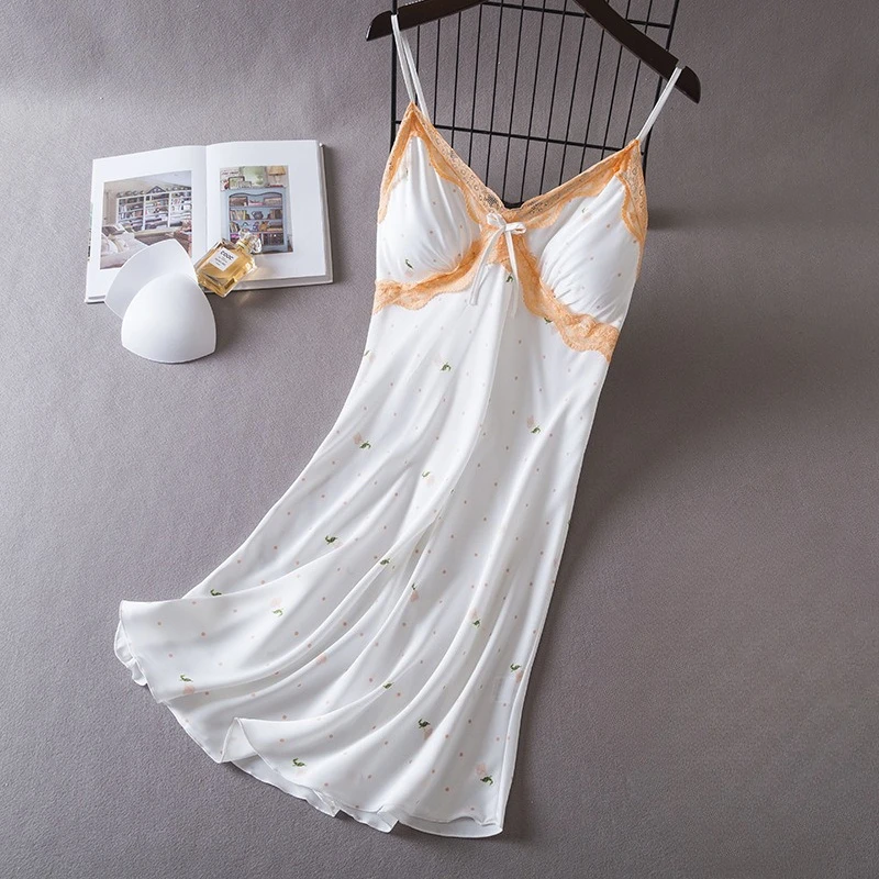 

Summer Suspender Nightdress White Lace Nightgown Women Sleepwear Silky Satin Bathrobe Home Dress Dressing Gown Loungewear