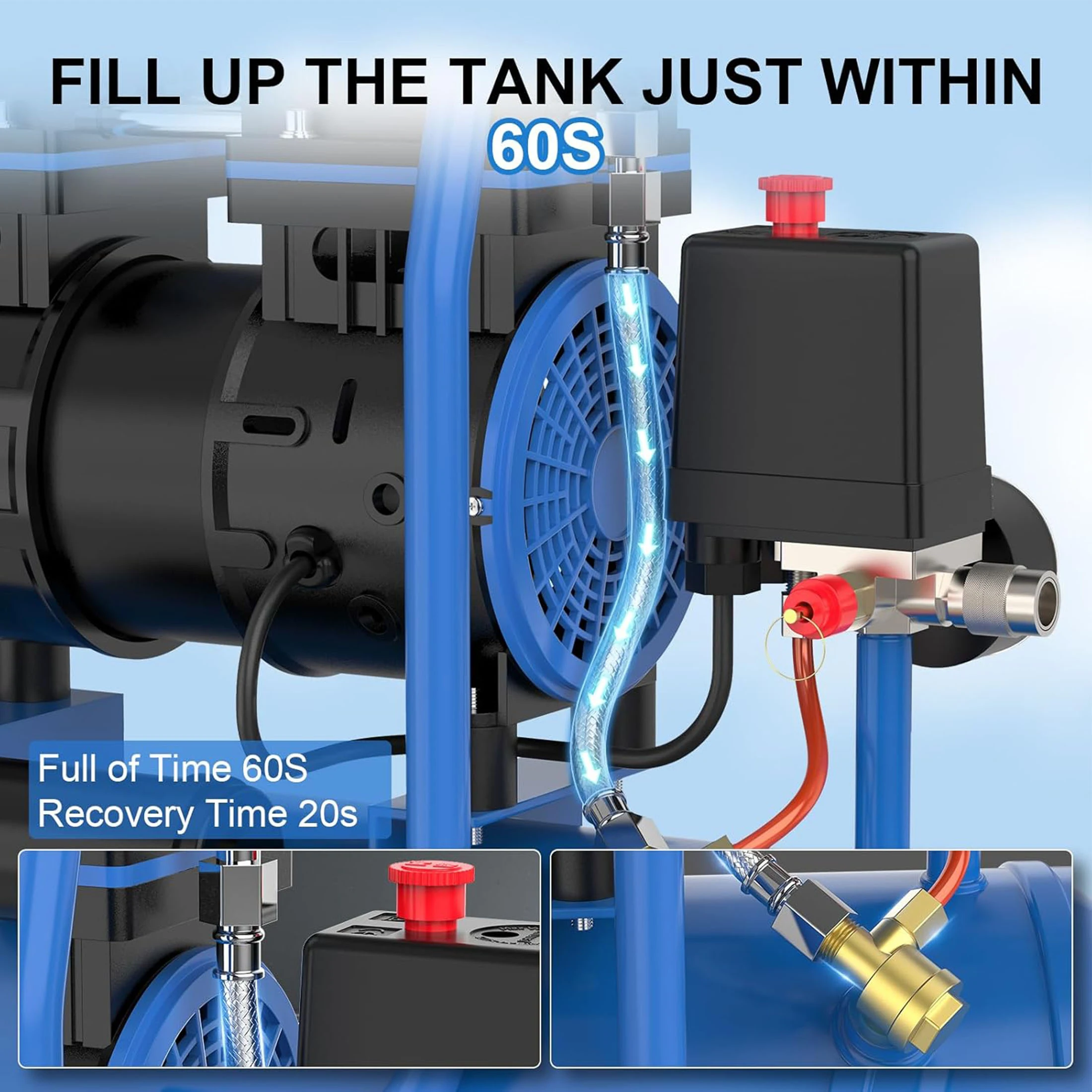 AZZUNO Silent Air Compressor 2 Gallon Quiet Oil-free Portable Air Pump for Home Repair Tire Inflation Whisper Compressor