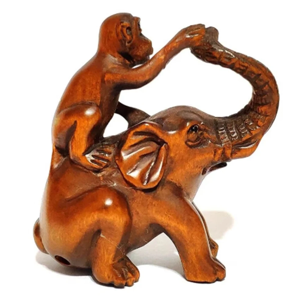 Y124, 2 INCH Japanese Boxwood Hand Carved Netsuke Sculpture Miniature : Monkey Taxi Elephant