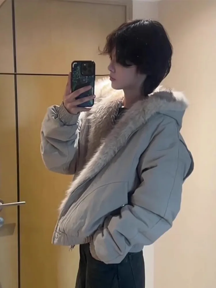 

Men's Winter Thiened ort Cotton Jaet Lamb Velvet Canvas Waed Coat Warm Youth Casual Long Sve Zipper Closure Pure C...