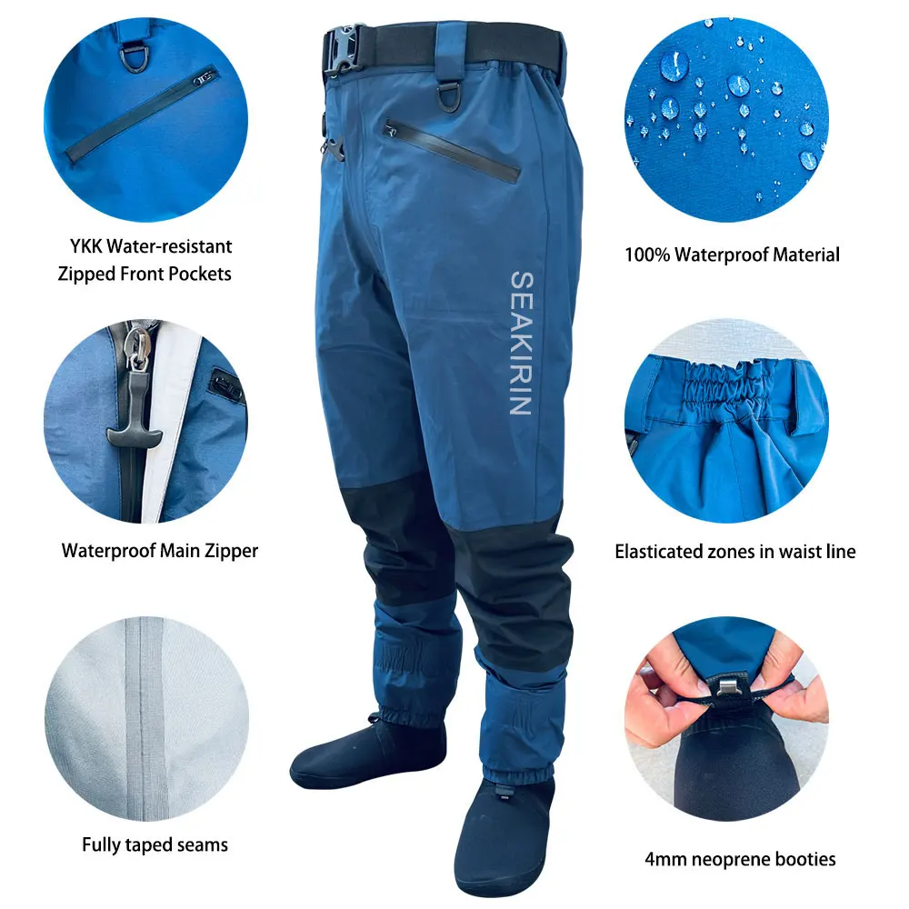 Waterproof Fishing Rain Suit Set Insulated Waist Wader and Hooded Wading Jacket Winter Sailing Clothing for Men&Women Navy Blue