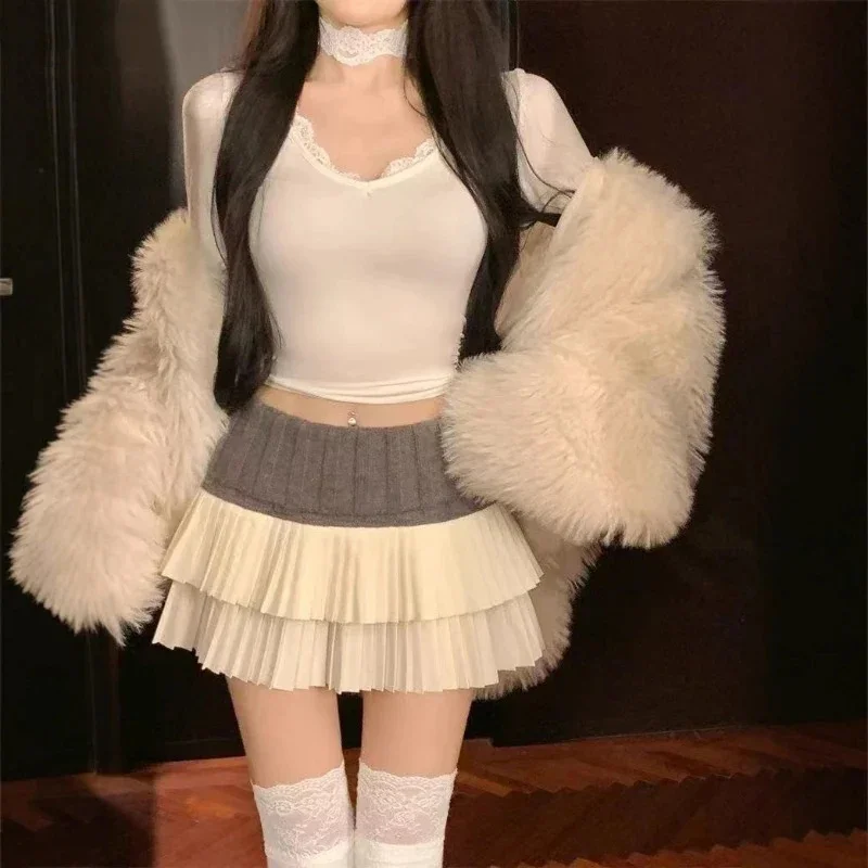 

Вязаная лоскутная мини-юбка для женщин 2025 Faldas Mujer De Moda с эластичной резинкой на талии трапециевидной формы Jupe плиссированная милая Saia Chic осенние юбки Y2k