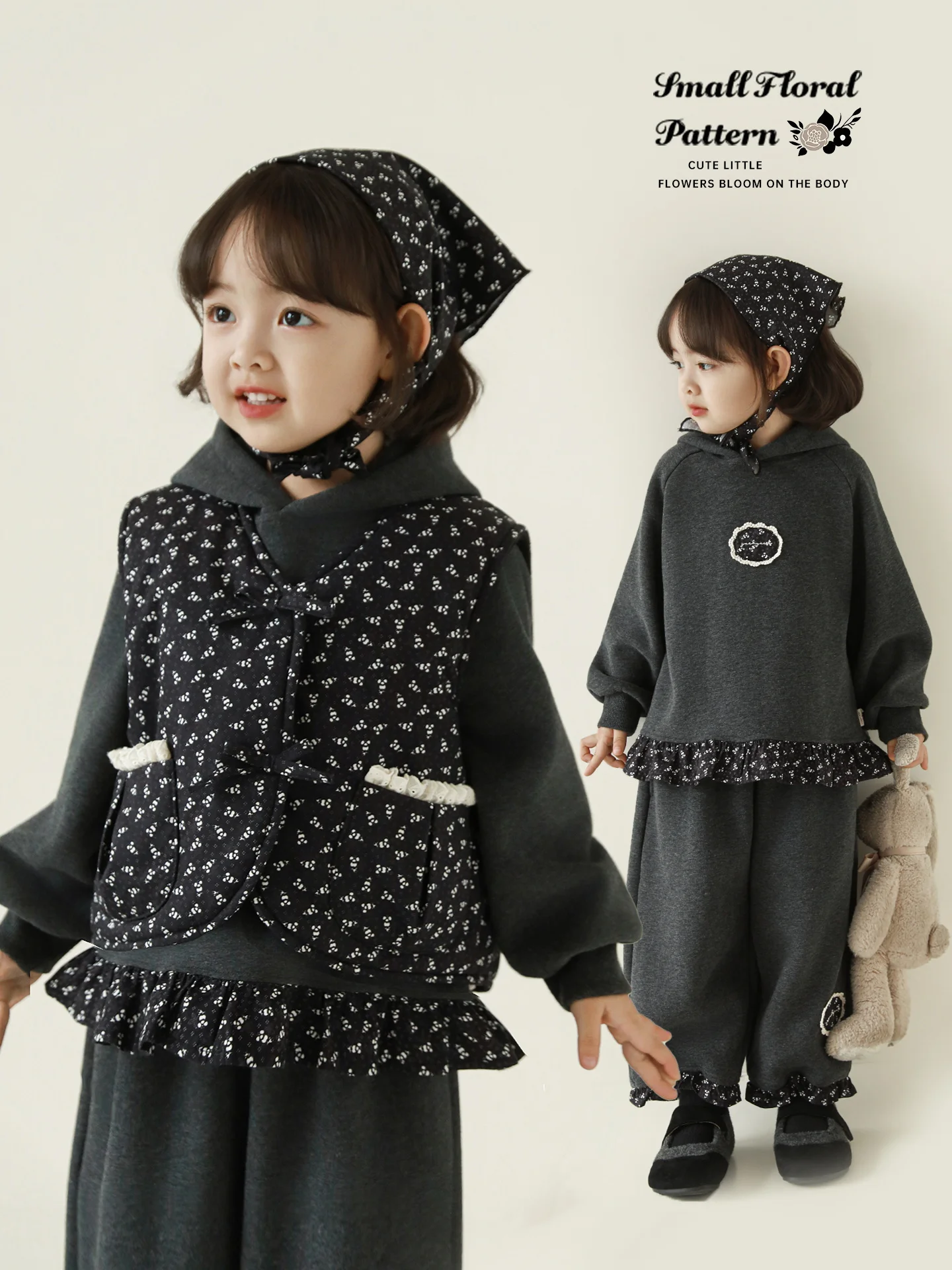 

Зимний комплект для девочек, 2025 г., жилет с цветочным принтом, термобрюки с капюшоном на флисовой подкладке, праздничный подарок для игр, От 1 до 7 лет