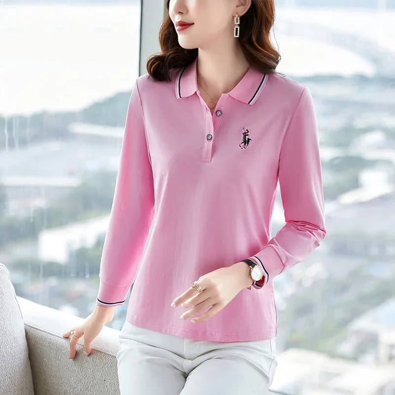 Fashion Ladies Polo Shirts Women Pulovers Basic Cotton Woman T-shirts Trend 2024 Women's Long Sleeve T-shirt Tee Luxe Clothing