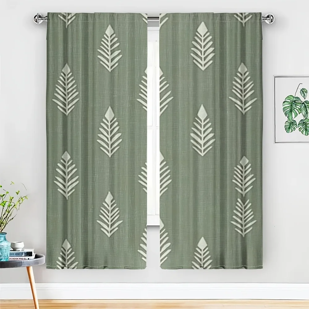 2PC Geometric Green Leaf Pattern Curtains Pair Set Boho Style Modern Bedroom Living Room Window Drapery Curtain