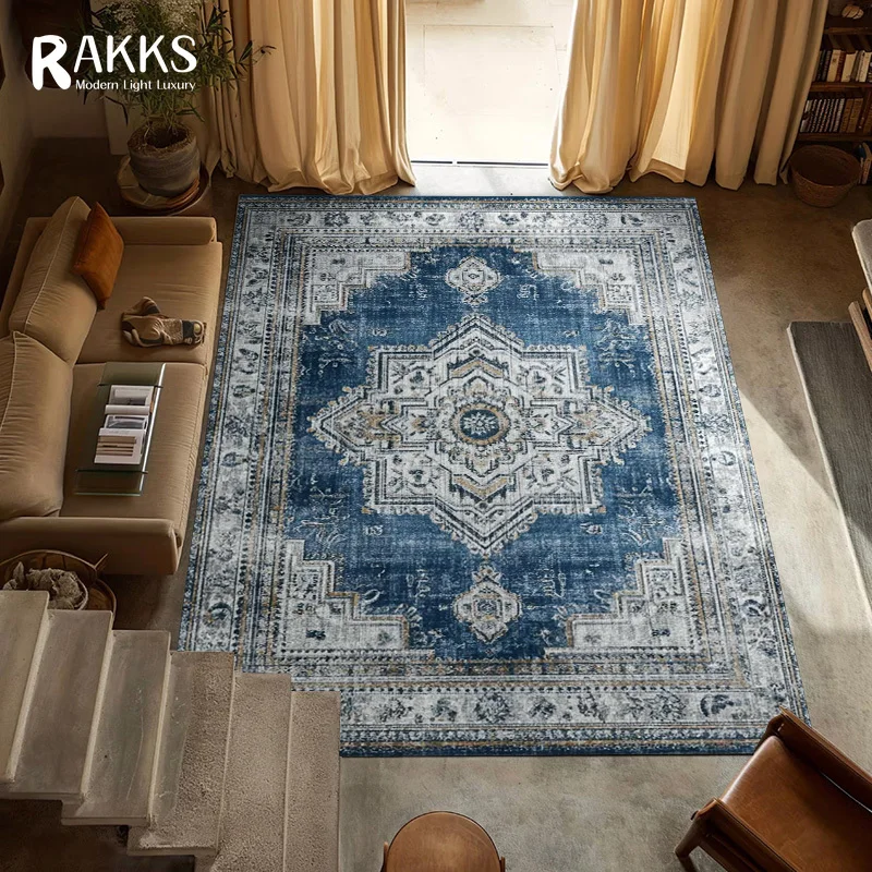 RAKKS Tappeto mandala marocchino in velluto blu, antiscivolo, antiscivolo, facile da pulire, ideale per aree ad alto traffico nel soggiorno, nella camera da letto
