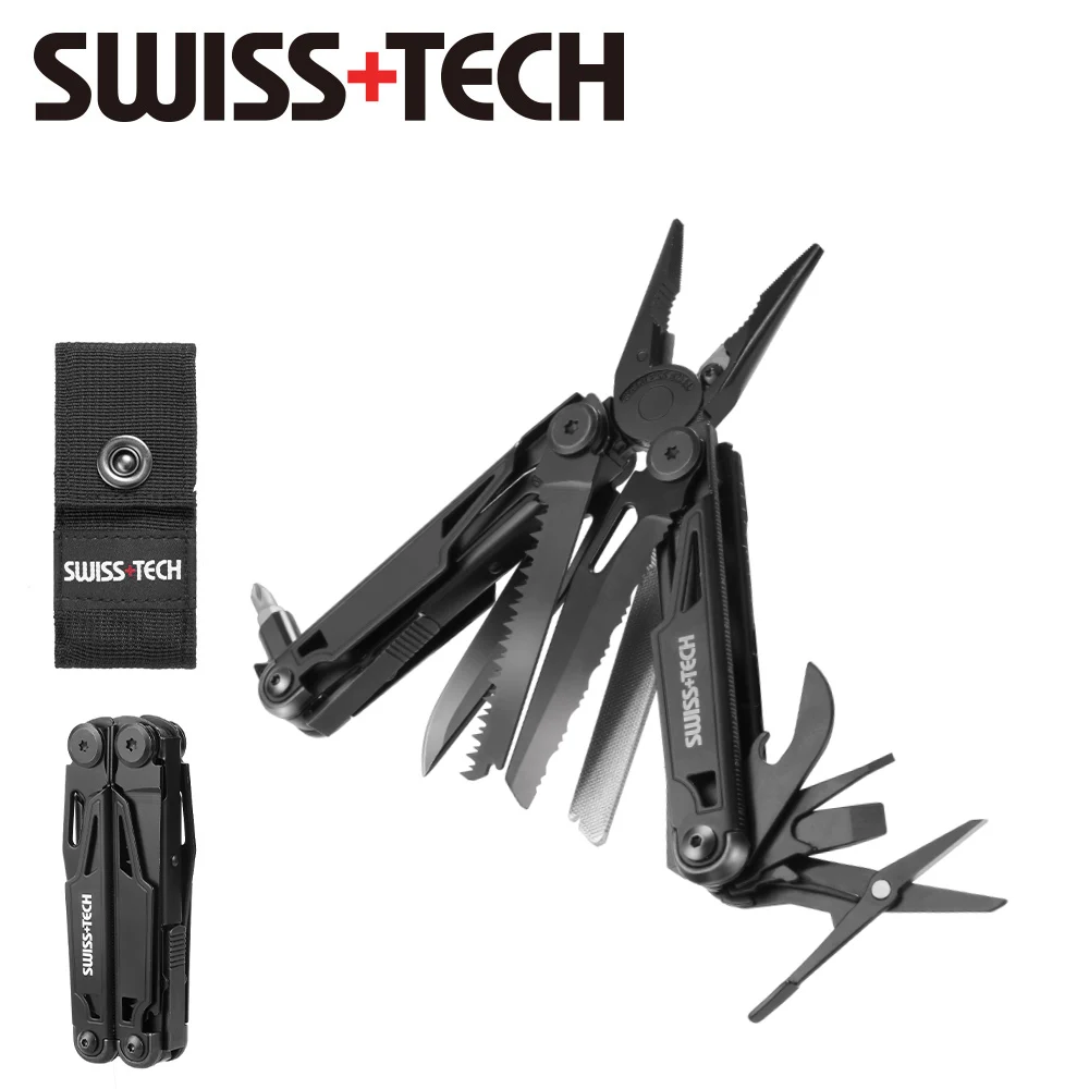 SWISS TECH-16 in 1 캠핑 멀티툴, 멀티 폴딩 플라이어, 와이어 스트리퍼, 아웃도어 포켓, 캠핑용 미니 휴대용, 신상품 