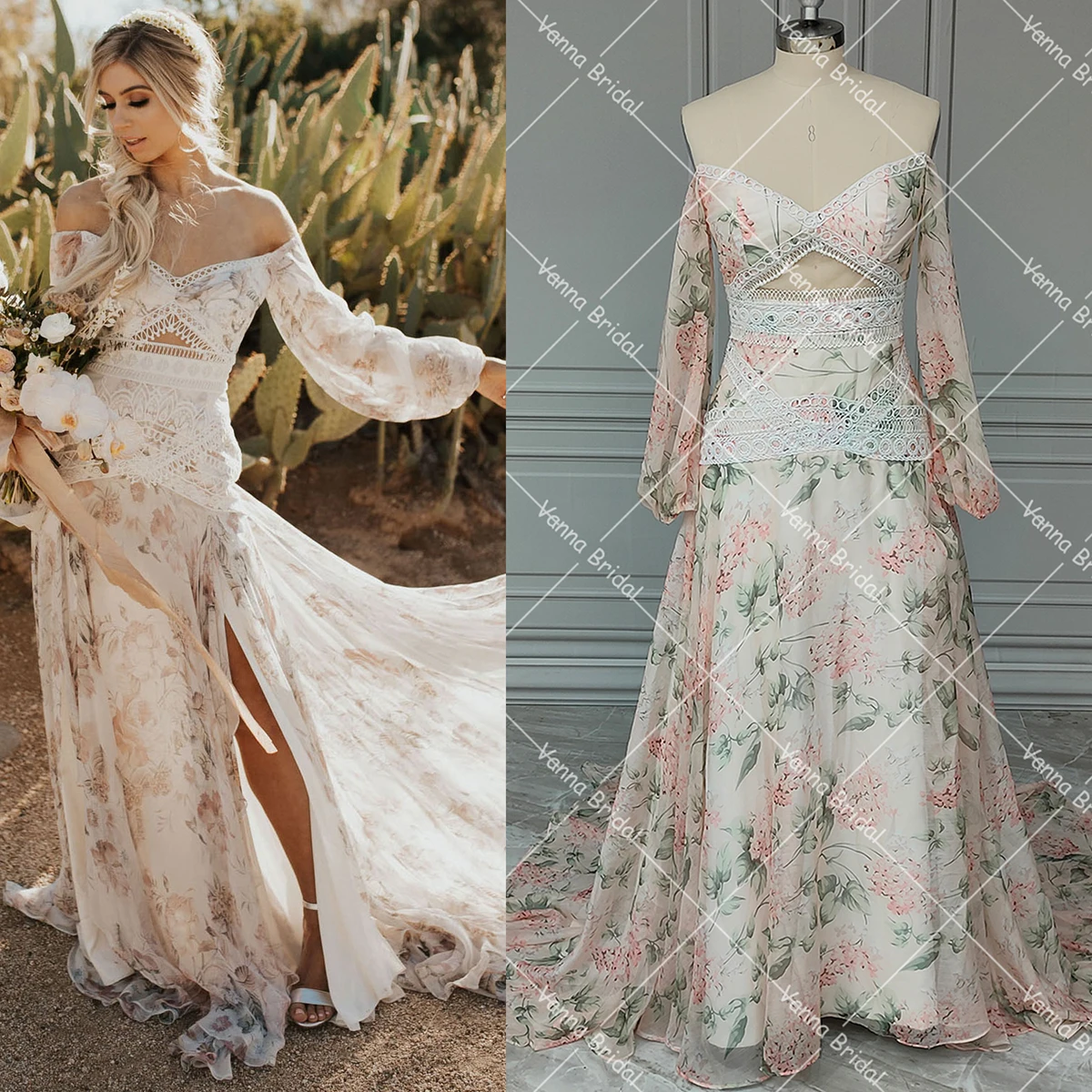 

Off The Shoulder Boho Floral Print Chiffon Wedding Dress Long Billow Sleeves A Line Cutouts High Split Hippie Lace Bridal Gowns
