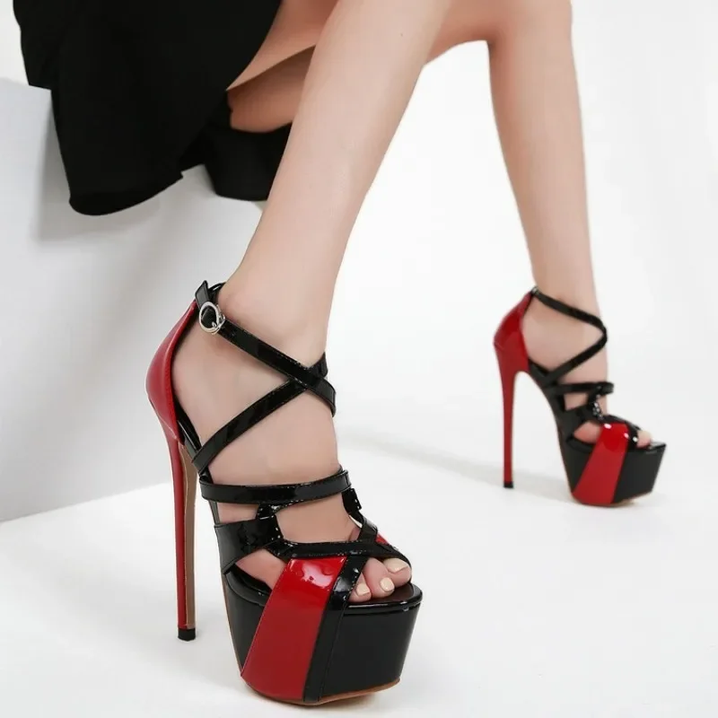 Sexy Club 16CM High Heels Party Women Shoes Platform Narrow Band Hollow Buckle Strap Cover Heels Stiletto Sandals