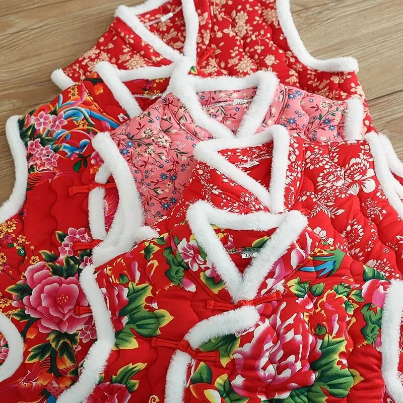 Plus size Chinese Style Winter Warm Cotton-padded Vest Northeast Flower sleeveless parkas Cheongsam Old-fashion peony tang vests