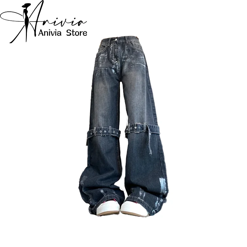 

Women's Y2k Cargo Jeans Baggy Harajuku Denim Trousers Y2k Wide Leg Jean Pants Vintage 90s Aesthetic 2000s Trashy Grunge Clothes