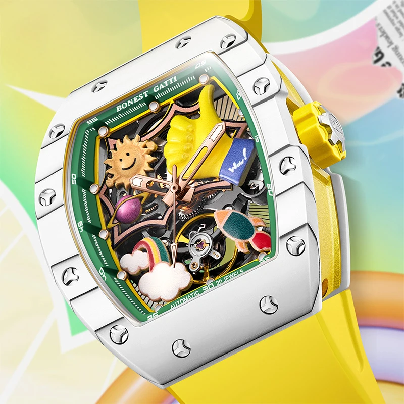 

BONEST GATTI Men's Watch Cool 3D Graffiti Dial Carbon Fiber Case Sapphire Crystal Automatic Mechanical Watch