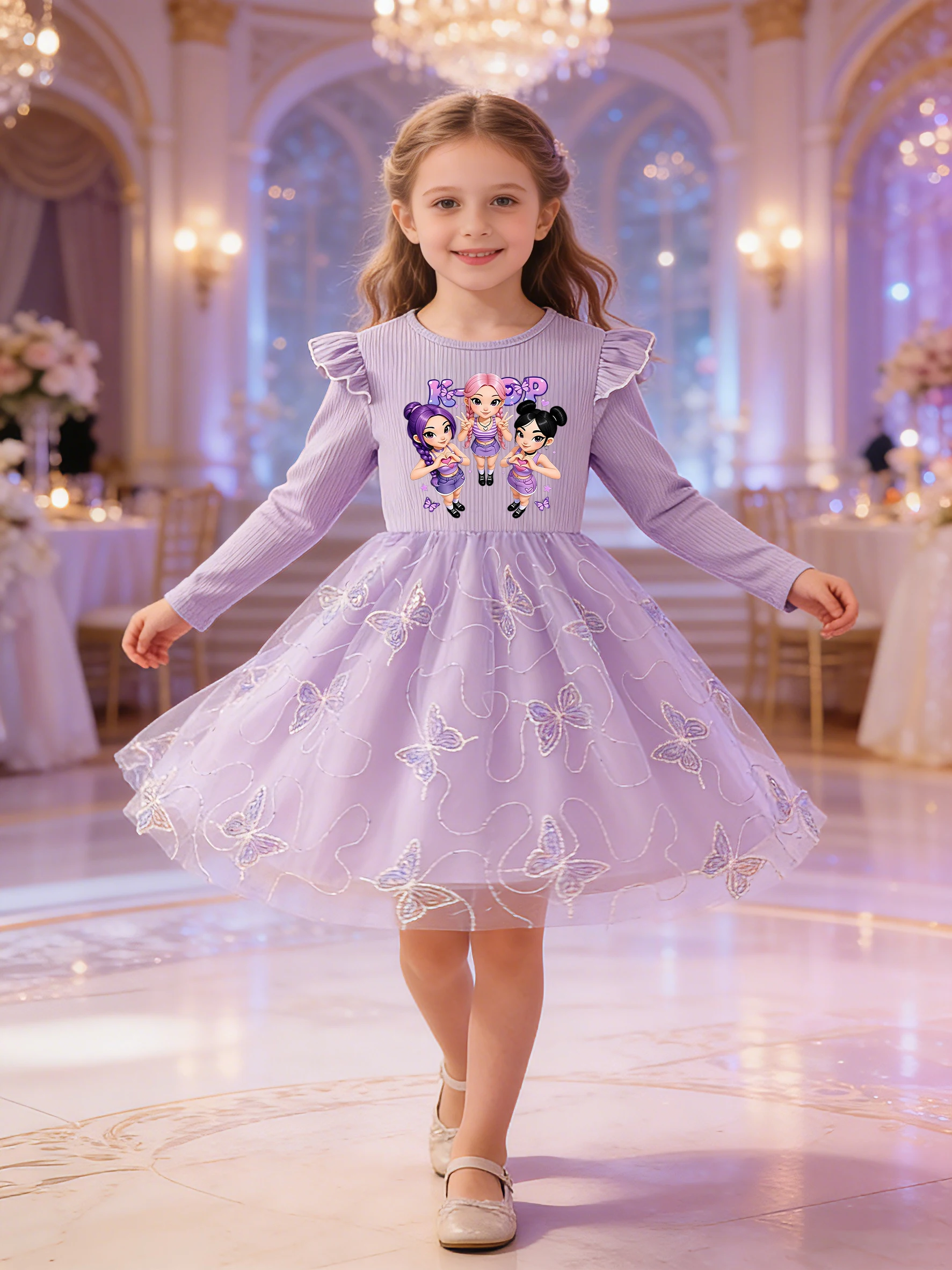 Girls Ins-style Dress, Ribbed Flutter Sleeve Top + Embroidered Butterfly Tulle Skirt Hem