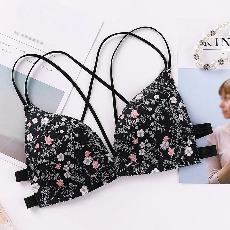 Sujetadores estampados con flores para mujer, ropa interior estampada con hebilla frontal, bralette sin aros, lencería sexy, cómodo de realce floral